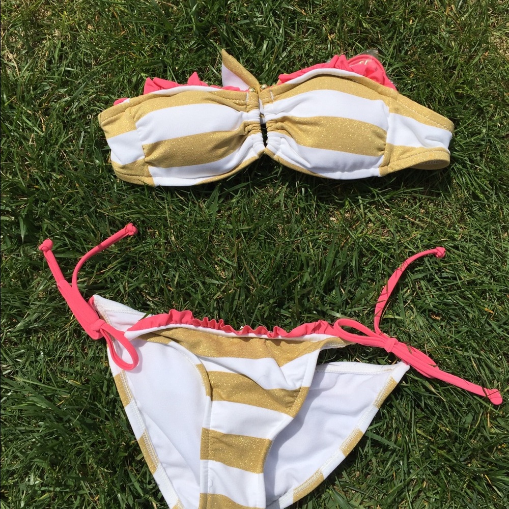 target xhilaration gold pink stripe bikini XS